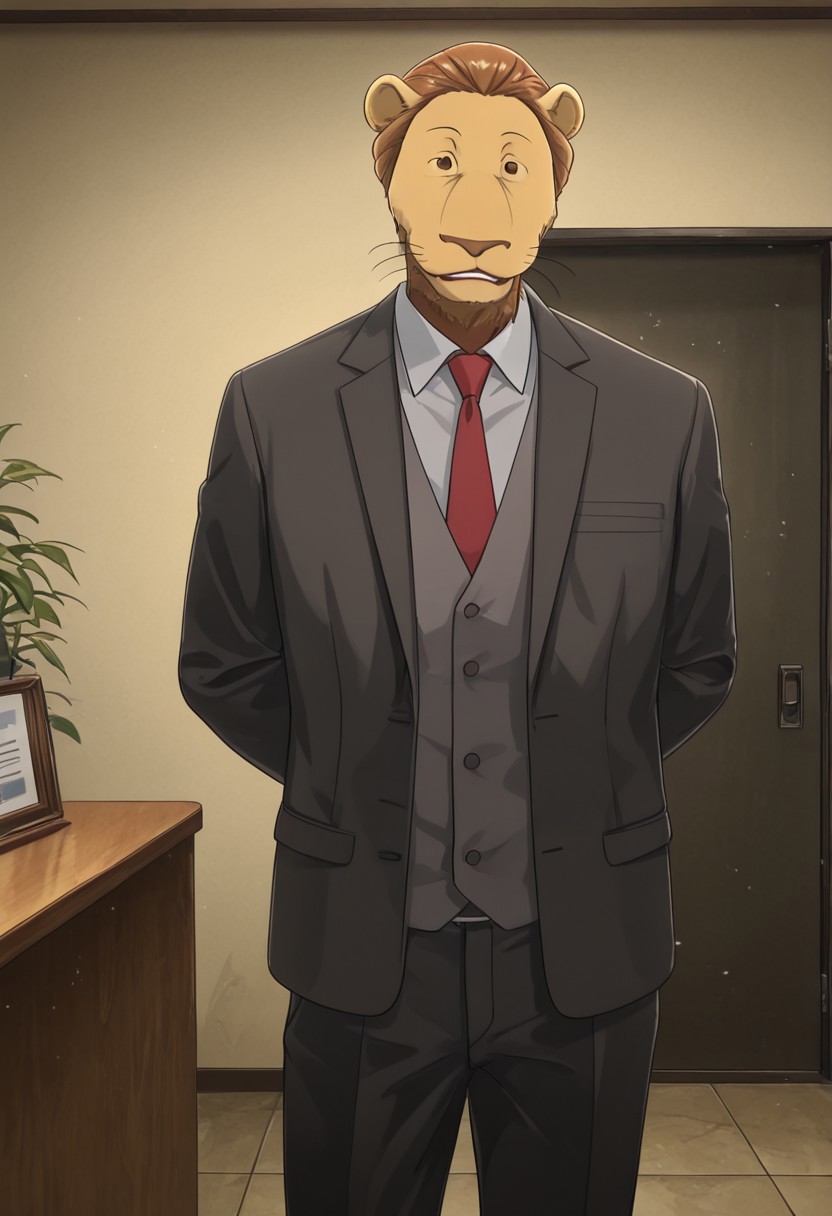 masterpiece, best quality, amazing quality, very aesthetic, absurdres, newest,  high quality, detailed, male, solo male, 1boy, MayorBeastars, anthro, lion, mature male, athletic build, brown eyes, brown hair, animal ears, broad shoulders, red tie, gray shirt, black suit jacket, indoors, standing, hands behind back, office, looking at viewer, smiling, volumetric lighting