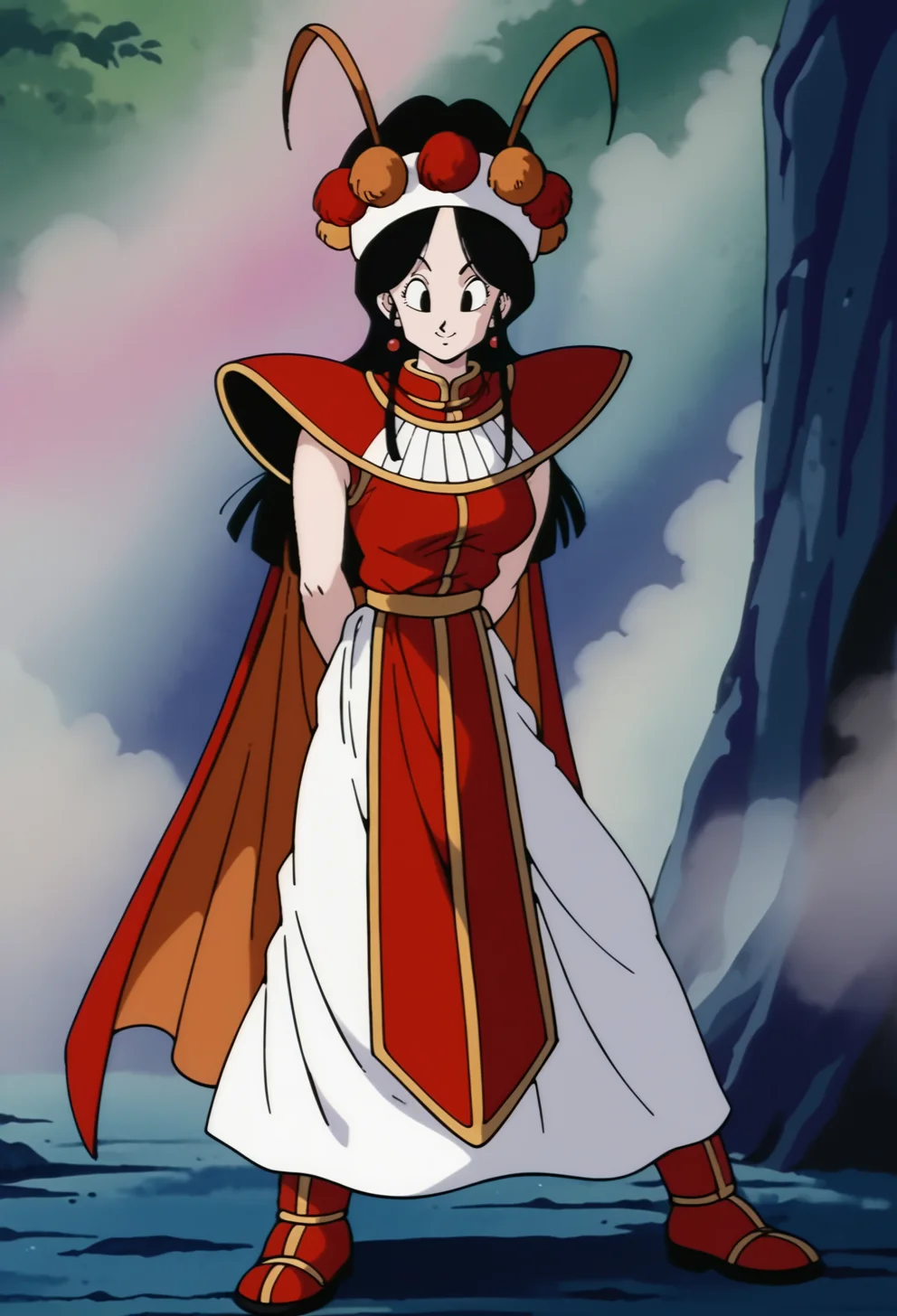 score_9,score_8_up,score_7_up,score_6_up, BREAK annin, retro artstyle, 1girl, solo,full body, black hair, black eyes, medium breasts, red vest, white skirt, red shoulder armor, white headband, pom pom \(clothes\),fake antennae,red cape,looking at viewer,, blue cliff,blue wall, fog, (leaning forward:0.8),contrapposto,arms behind back,closed mouth,smile,red pelvic curtain,orange antennae, red boots,arms down,blue ground <lora:AnninPonyV2:1>
