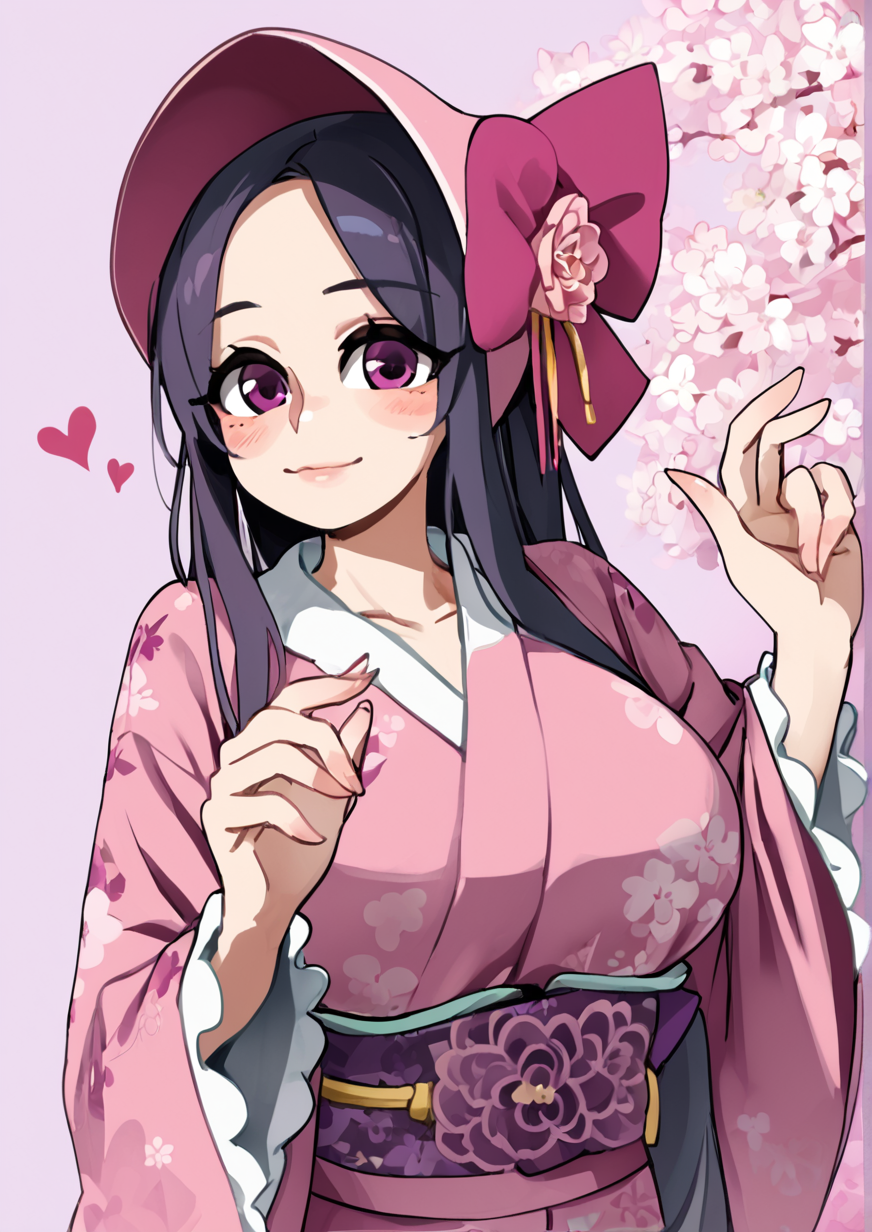 1girl, huge breast, blush, bonnet, bow, brown hair, closed mouth, floral print, frilled sleeves, frills, fur collar, hair bow, hands up, heart, japanese clothes, kimono, long hair, long sleeves, looking at viewer, pink bow, pink headwear, pink kimono, plaid, plaid background, print kimono, purple background, purple bow, purple eyes, signature, smile, solo, steepled fingers, upper body, wide sleeves, zPDXL3, <lora:Bongf_bongfillstudent:0.9>