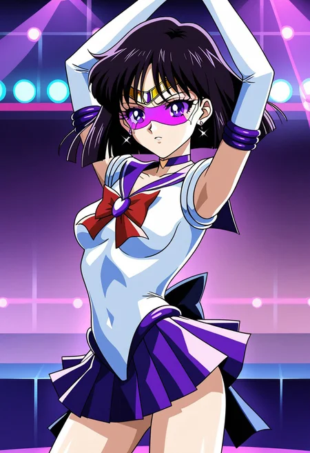 masterpiece, best quality, amazing quality, very aesthetic, Sailor Saturn, 1girl, bob cut, tiara, earrings, sailor senshi uniform, purple eyes, purple choker, purple sailor collar, red bowtie, white shirt, elbow gloves, white gloves, pleated skirt, purple miniskirt, neon, cyberpunk, tinted eyewear, glowstick, rave, lights, fog, dancing, arms up,