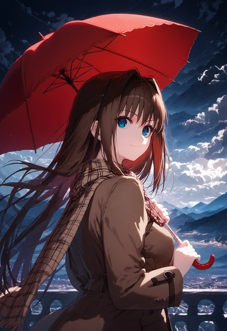 score_9, score_8_up, score_7_up, 1girl solo, aoko aozaki, light smile, brown jacket, brown scarf, red umbrella, holding umbrella, looking back, skyline, dark background, cloudy sky, cloud, light rays, [rain::0.3], looking at viewer, [:mountain:0.2], city lights
<lora:mahoutsukai_no_yoru_characters_pony:1>