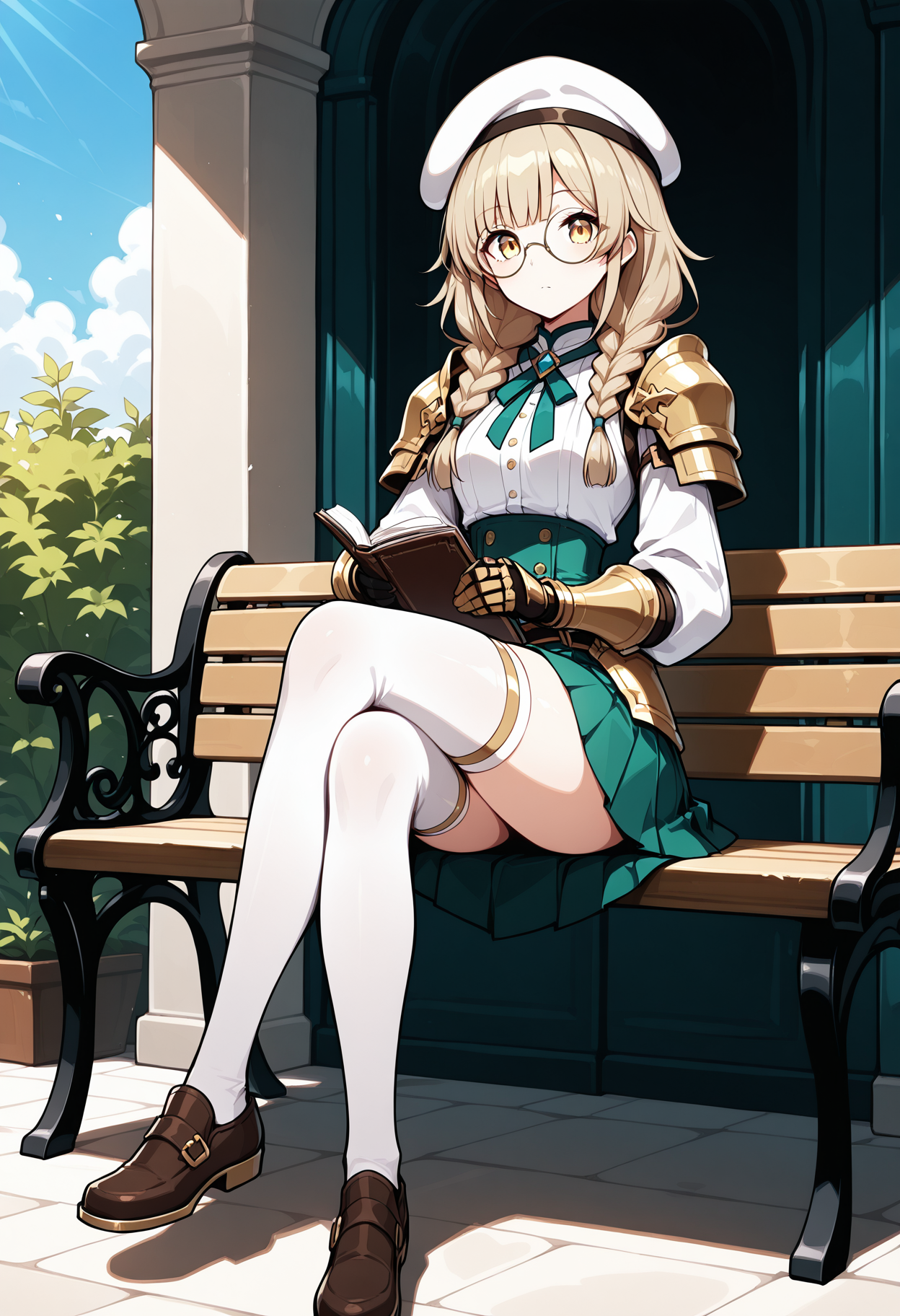 <lora:FelminaIL:1>, solo,felminakumodesu, twin braids, hair on shoulder, yellow eyes, round glasses, 
holding, round glasses, white beret, gauntlets, shoulder armor, white shirt, long sleeves, thighhighs, pleated skirt, green skirt, shoes, sitting on bench, parkm sky, crossed legs,
looking at viewer, 
masterpiece,best quality,amazing quality,