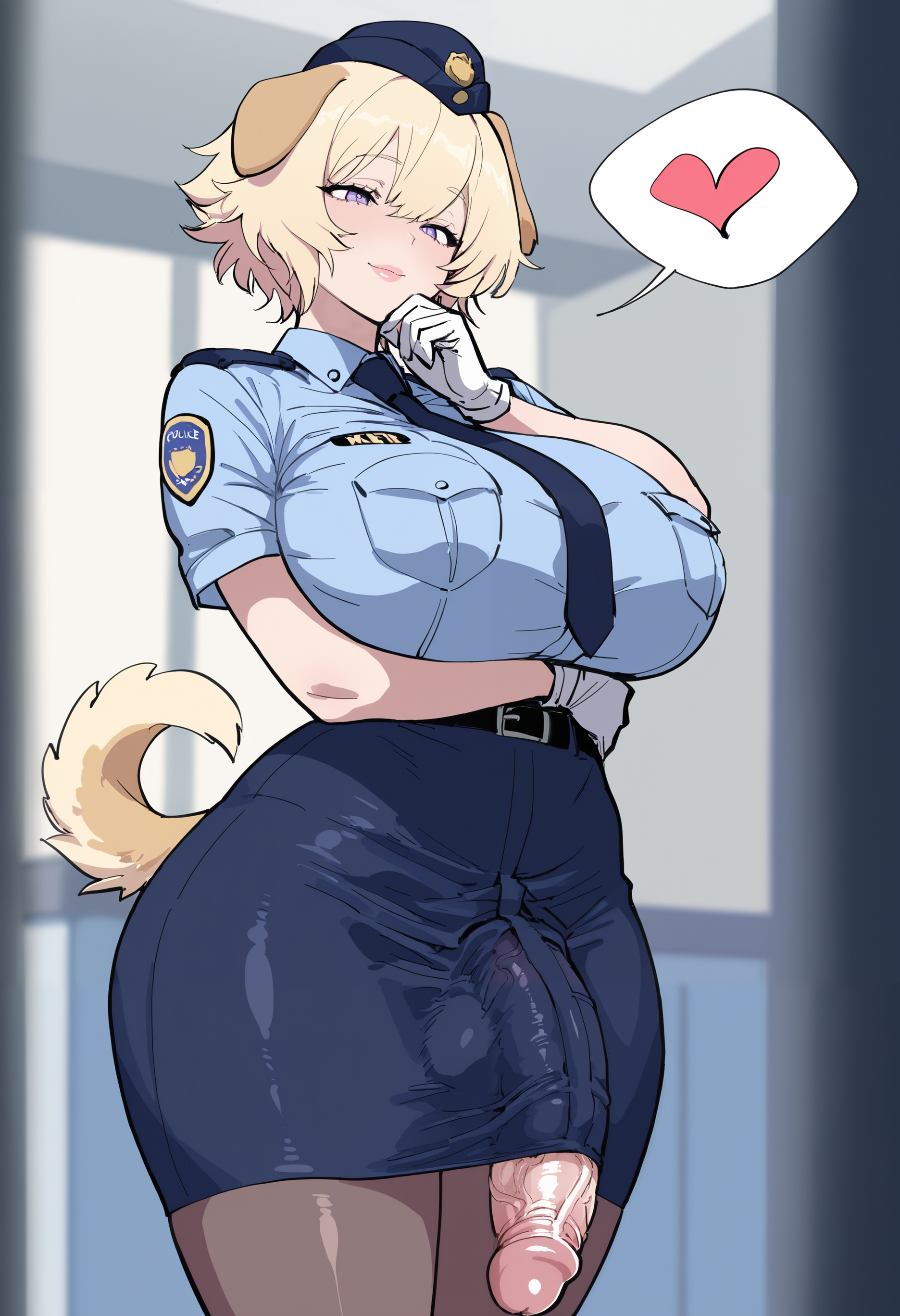 1girl, solo, short hair, mature female, pixie cut, thick lips, police uniform, huge breasts, pantyhose, dog ears, tail, blue shirt, uniform, tight clothing, pocket, white gloves, pencil skirt, shirt,short sleeves, belt, necktie, blue skirt, garrison cap, police station, futanari, veiny penis, penis peek, hand on own chin, arm under breasts, wide hips, thick thighs, smile, spoken heart,blonde hair, 
xipa, 
depth of field, 
masterpiece, best quality, amazing quality, very aesthetic, absurdres, newest,
