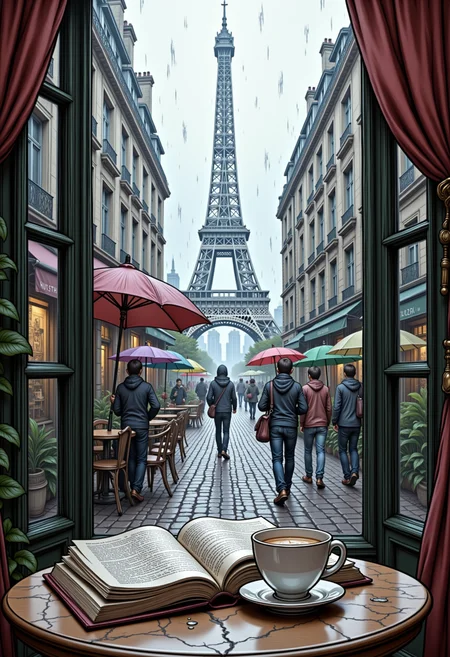 hyp3rd3tail style A cozy cafe corner on a rainy day in Paris. A steaming cup of coffee sits on a round marble table next to an open book. Through the large window, you can see the wet cobblestone street, people hurrying by with colorful umbrellas, and the hazy outline of the Eiffel Tower in the distance