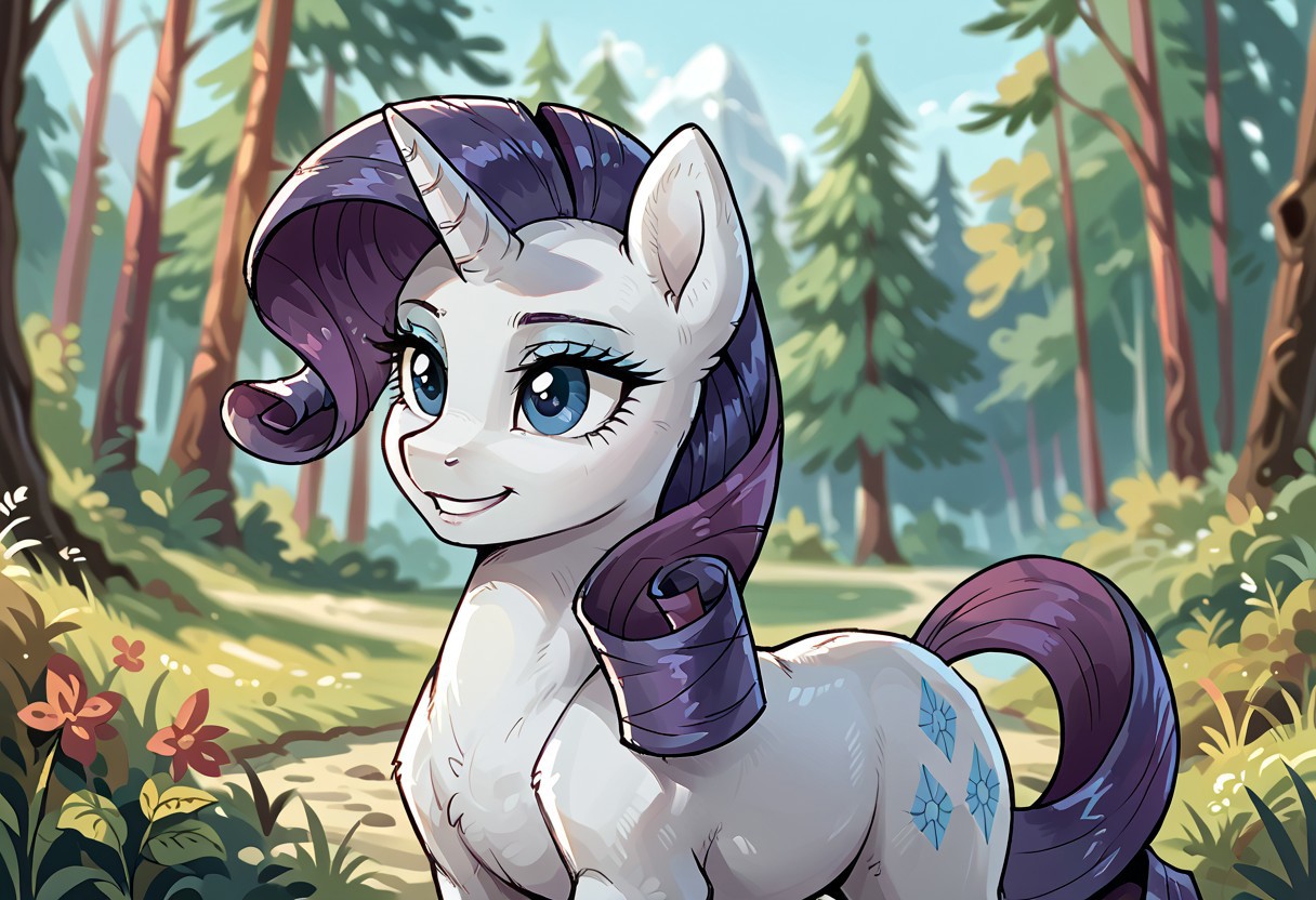 score_9, score_8_up, score_7_up, by syn-6, source_pony, rating_safe, rarity (mlp), my little pony, equid, equine, horse, pony, mythological creature, mythological equine, unicorn, forest, female, furry, solo, blurry background, smile, day