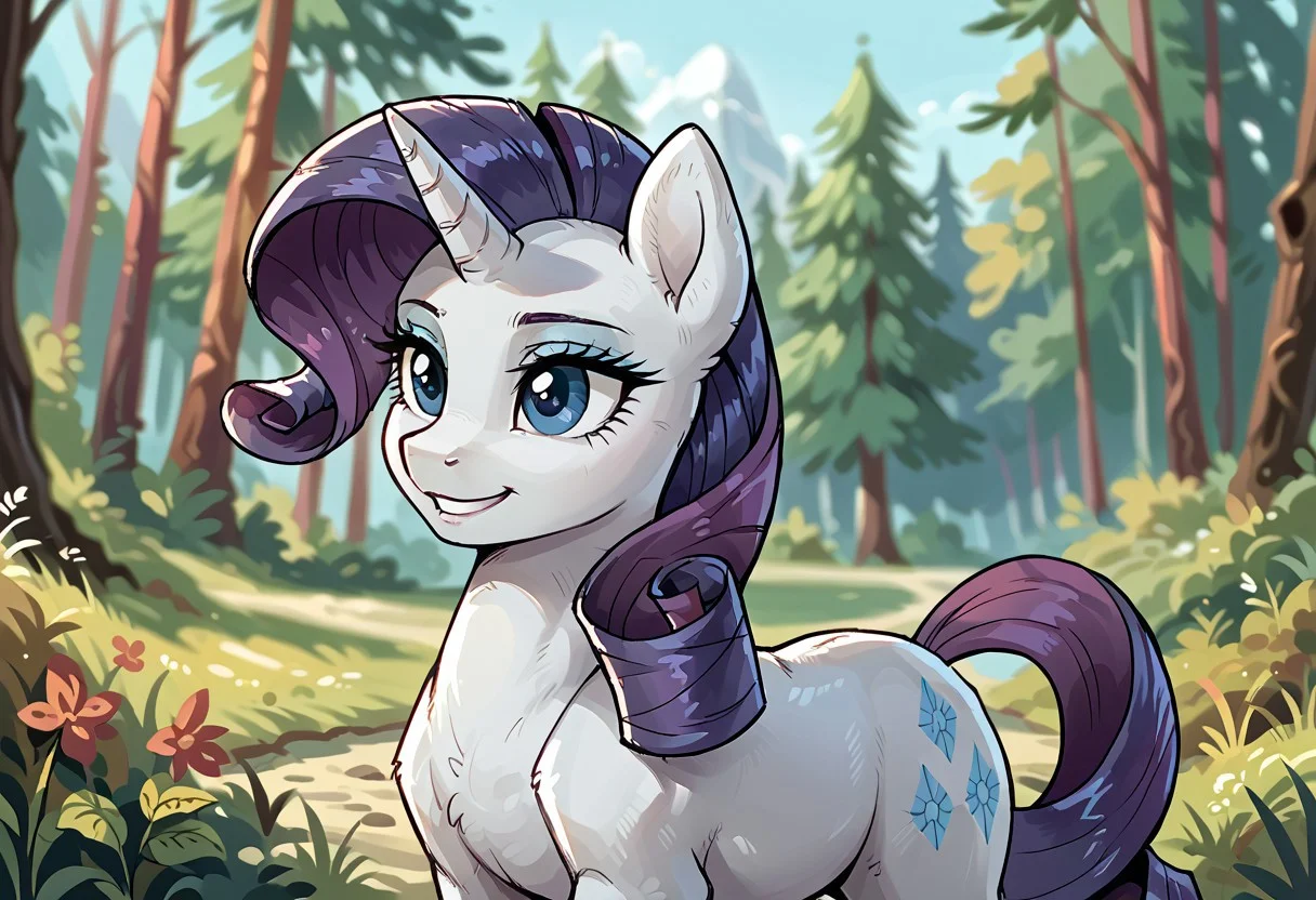 score_9, score_8_up, score_7_up, by syn-6, source_pony, rating_safe, rarity (mlp), my little pony, equid, equine, horse, pony, mythological creature, mythological equine, unicorn, forest, female, furry, solo, blurry background, smile, day