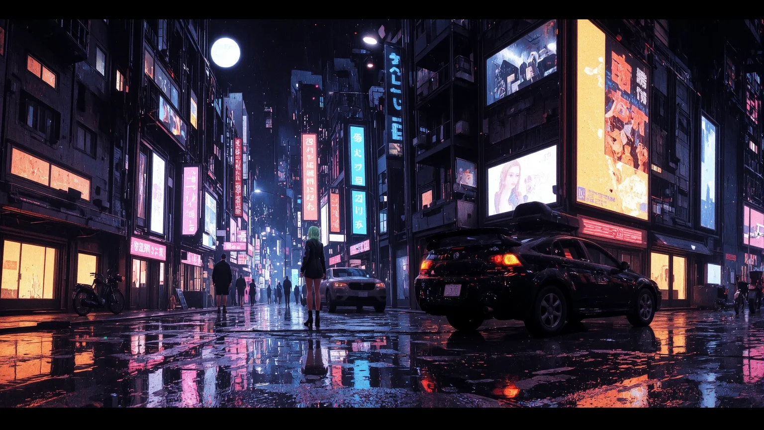 short hair green hair young cyberpunk woman, anime, illustration, cyberpunk, futuristic, extremely detailed, portrait, standing, happy smile, beautiful cyberpunk tokyo buildings landscape, wet floor, windows, car, motorbike, moon in the sky, bright neon lights, screen holograms, kanjis, raytracing, hdr, high contrast, cinematic lights, backlight, reflections, legs, heels, sharp focus, luminous Pastel Blue robot glossy brilliant armor, body lights, body circuits, glossy lipstick, necklace, fan earrings, colorful, retrowave, shadows, vibrant colors, colorful, bright, pretty, beautiful, feminine, sexy, lovely, in love, adorable, fashion, <lora:Hand v2:1> <lora:Anti-Blur:2> <lora:Insane Detail Slider:0.5> <lora:flux.1_lora_flyway_Epic-detail_v2:0.3><lora:fluxenhancer:0.5> <lora:RetroAnimeFluxV1:0.3> <lora:CPA:0.6> <lora:Luminous_Shadowscape:0.3> <lora:Neon_Noir_FLUX:0.4> mad-neon-noir <lora:bv-cybstyenh-v1_rank16_bf16:0.3>