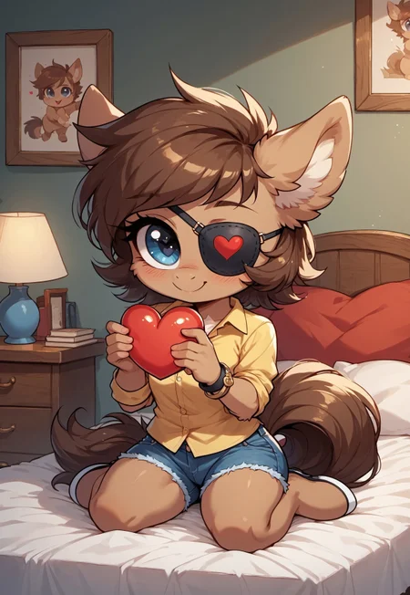 safe_pos, masterpiece, score_9_up, score_8_up, score_7_up, score_6_up, source_pony, (best quality:1.1), ultra-detailed, high resolution, highly detailed macro illustration, solo BREAK 1girl, anthro pony, dark brown fur, Brown short mane, fluffy ears, (eyepatch:1.3), Scar, (beautiful blue eye), (big eye), athletic, bottom heavy, tail, (cute expression, cute face:1.2), bleep, (yellow blouse, rolled up sleeves), bracelets, (short jeans:1.2), (black shoes:1.5), (sitting on bed), bedroom, (holding big red heart:1.5), looking at viewer BREAK mikus-concept, full body, cute, chibi BREAK indoors, BREAK Highly Visible, sharp focus, perfect lighting, anatomically correct, extremely detailed, high detail, Expressiveh, OverallDetail, zPDXL3