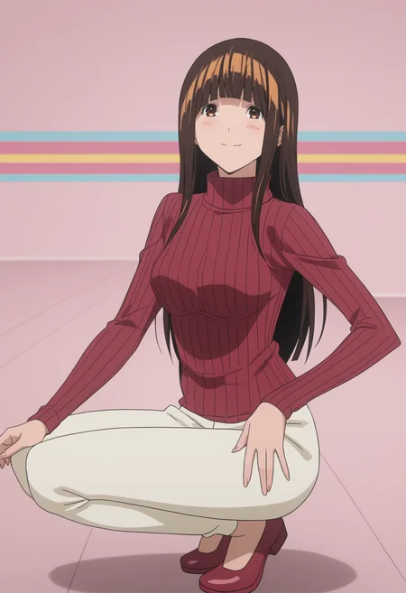 score_9, score_8_up, score_7_up,  BREAK, 1girl,  anime screencap ,   <lora:DX888Miho:1> azuki miho, brown hair, brown eyes, long hair, blunt bangs,
light smile, blush,   pastel background,    colorful  background  turtleneck sweater, ribbed sweater,