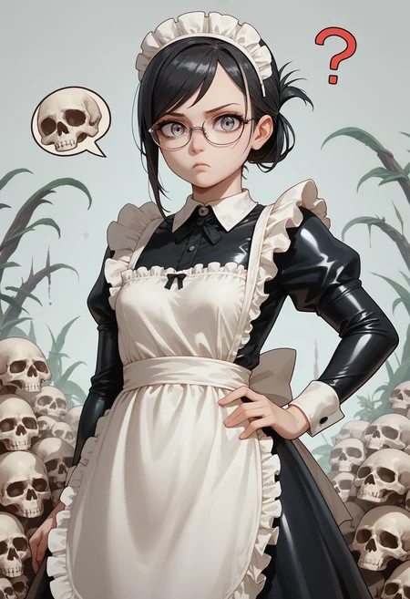 embedding:lazyup7, slimes_skullwm, 1girl, solo, maid, maid headdress, white apron, long dress, latex dress, black hair, folded ponytail, swept bangs, small breasts, gray eyes, glasses, confused, ?,holding a large skull, looking at viewer, hand on hip <lora:Challenge_Winnifier_2025-04:0> <lora:SlimesSkullWM:1>