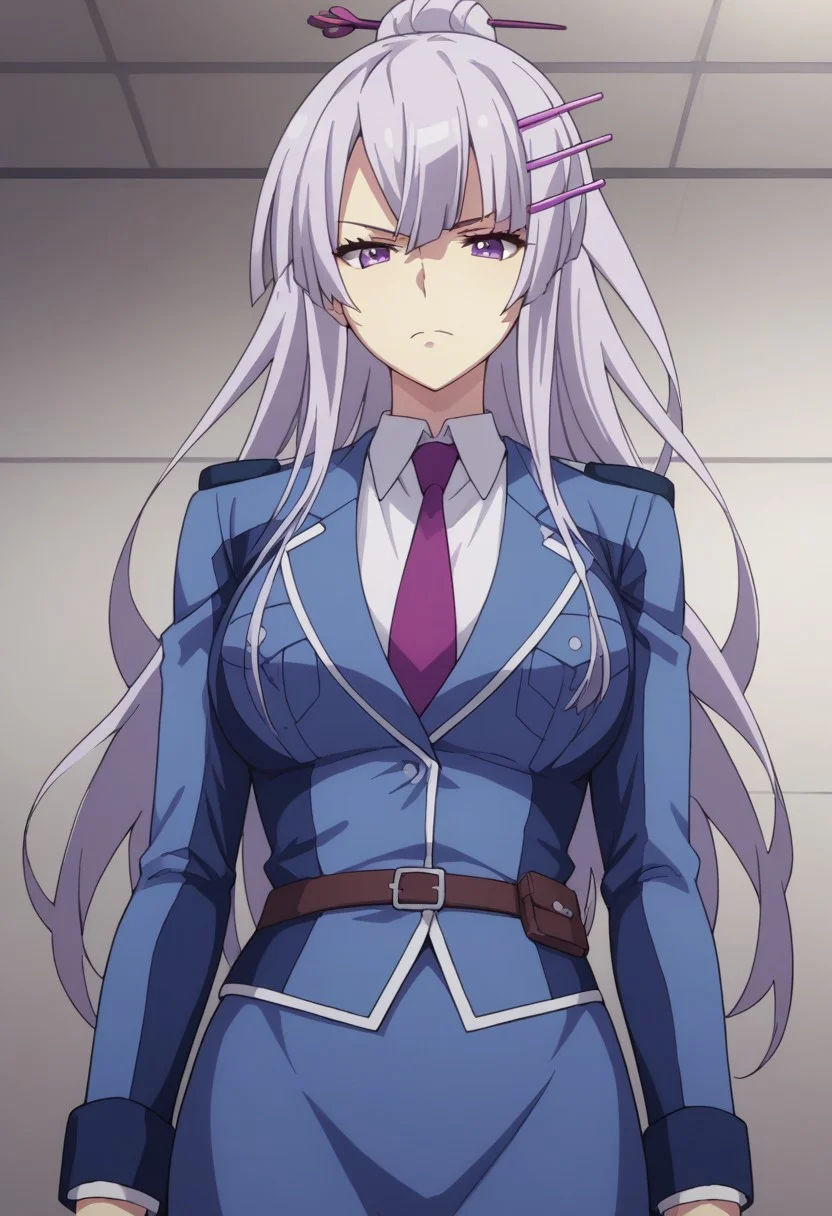 score_9, score_8_up, score_7_up, source_anime, highly detailed,
Froleytia, 1girl, solo, necktie, standing, skirt, belt, collared shirt, long hair, hair ornament, shirt, purple necktie, bangs, blue skirt, closed mouth, jacket, looking at viewer, long sleeves, purple eyes, blue jacket, upper body, breasts,
indoor,