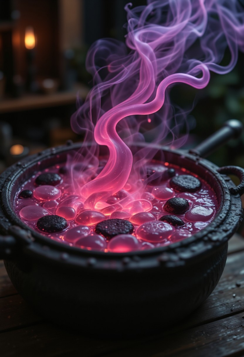 A witch’s cauldron bubbling with iridescent liquid—the steam forms glowing runes that hover briefly before dissolving into ash.
,sss, translucent, aidmasoftglow, aidmaGlow, overexposed, aidmafluxpro1.1