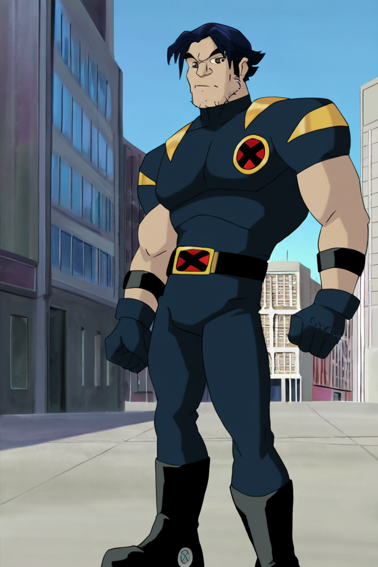 masterpiece, best quality, highres, newest, logan, xevosuit, 1boy, solo, male focus, mature male, short hair, dark blue hair, brown eyes, thick eyebrows, facial hair, stubble, sideburns, bodysuit, dark blue bodysuit, short sleeves, dark blue gloves, black belt, pants, black footwear, muscular, clenched hands, looking at viewer, standing, full body, outdoors, city, building <lora:Wolverine (Logan) X-Men Evolution (Second Suit+Logan) v1.1 [LoRA] - NoobAI-XL EPS 1.0:0.8>