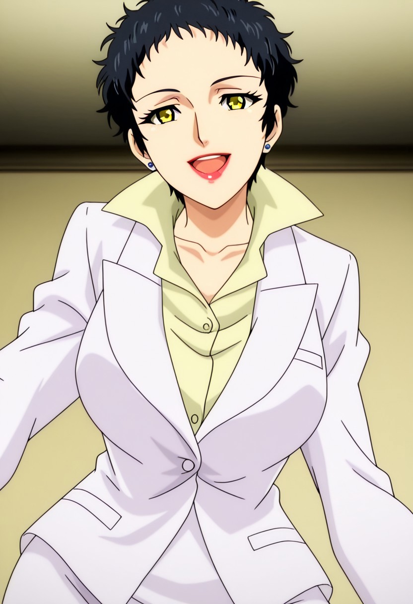 best quality, masterpiece, anime screencap, anime coloring, ultra detailed, source_anime, intricate details, perfect anatomy, looking at viewer,
haskata ren, black hair, short hair, very short hair, yellow eyes,  lips, lipstick, jewelry, earrings, makeup, breasts, large breasts, smile, open mouth, big smile, large smile,
formal, suit, white suit, skirt, pencil skirt, white skirt, shirt, yellow shirt, collared shirt, stand-up collar,
simple background,