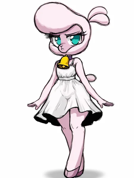 score_9,source_furry,
<1girl:1.5>,
<solo:1.5>,
pom_fherds, sheep girl, aqua eyes, bell, collar, full body, green eyes, looking at viewer, neck bell, no humans, pink skin, pout, simple background, solo, standing, white background, fluffy body,anthro,big tits,bra,ass,thick thighs,human hands,furrification,bipedal, hands,human hands,dress, sun dress,
<simple background:1.5>,
<white background:1.5>,
<lora:Pom_Fherds_Pony_SDXL:1> ,
<lora:90s4n1m3XLP:1> 90s4n1m3
