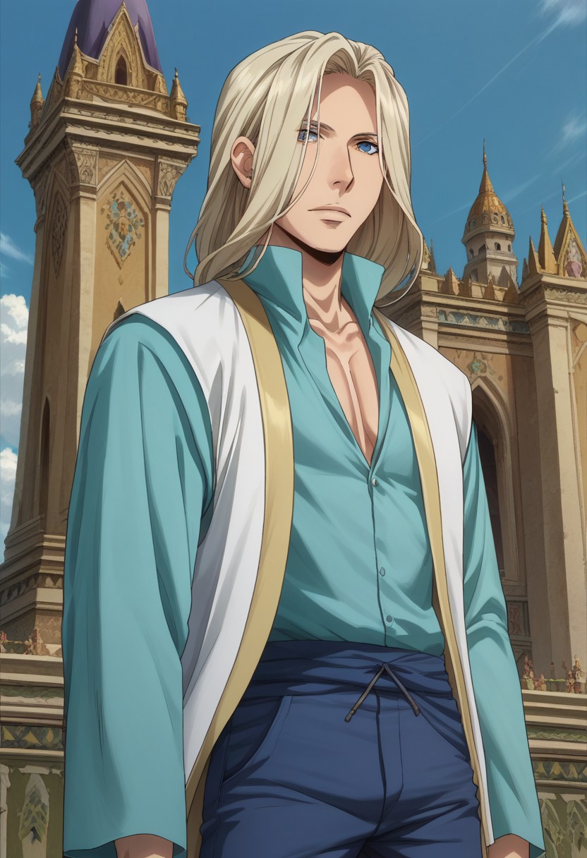 score_9, score_8_up, score_7_up, source_anime, highly detailed, 
narsus, 1boy, male focus, solo, long hair, upper body, blonde hair, looking at viewer, standing, pants,
shirt, blue shirt, vest, long vest, long sleeves, high collar
indoor, palace, persia, persian,