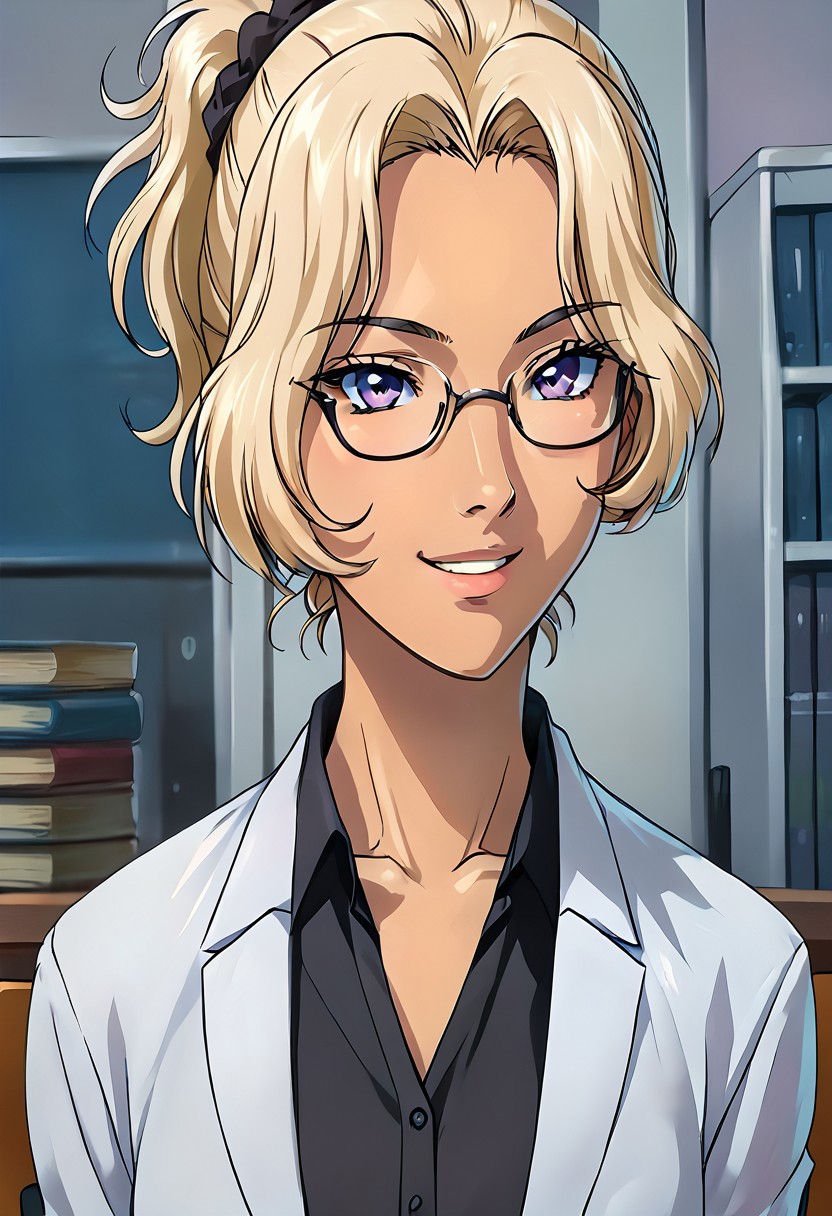SCORE_9, SCORE_8_UP, SOURCE_ANIME, REALISTIC, BREAK, 1FEMALE, MIEKO ITAZURA, SOLO, PORTRAIT, PLATINUM BLONDE HAIR, LAVENDER EYES, SKIN TAN, SHORT PONYTAIL, BLACK SCRUNCHIE, GLASSES, (BLACK (SCOOP TEESHIRT)),  (WHITE SCOOP BLAZER), HAPPY, WHITE OFFICE SKIRT, SMIRK, BREAK, IN LIBRARY, SITTING AT TABLE IN CHAIR, HIGH RESOLUTION, VIVID TEXTURES