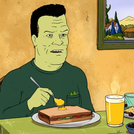 cartoon of Frankenstein's Monster having brunch
(in kingofthehill style:1.5)
<lora:xl_more_art-full_v1:0.5> <lora:add-detail-xl:0.45> <lora:kingofthehillstyleXL_v.10.1:0.8>