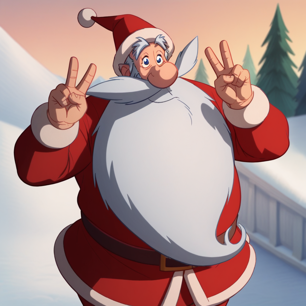 Ugly score_9_up, score_8_up, score_7_up, BREAK, solo, 1boy, santa, white beard, thick mustache, blue eyes, fat man, santa hat, santa costume, cowboy shot, double v, <lora:Santa_SantaApprentice_PXL_Leaf3:1>, light smile, closed mouth, snow, outdoors,