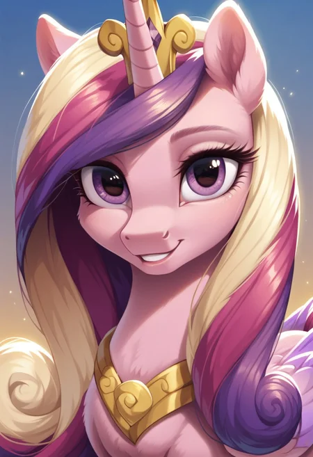 score_9, score_8_up, score_7_up, score_6_up, score_5_up, score_4_up, my little pony, ((feral pony)), Princess Cadance, 1girl, ((solo)), (sexy), beautiful, detailed, (detailed cute pony face), detailed eyes, detailed fur, detailed hooves, beautiful, vector, flat colors, (beautiful long eyelashes), (beautiful hooves), hoof shoes, tiara, simple background, colorful background, (looking at you, looking at viewer:1.5), smiling, ((close-up)), high angle