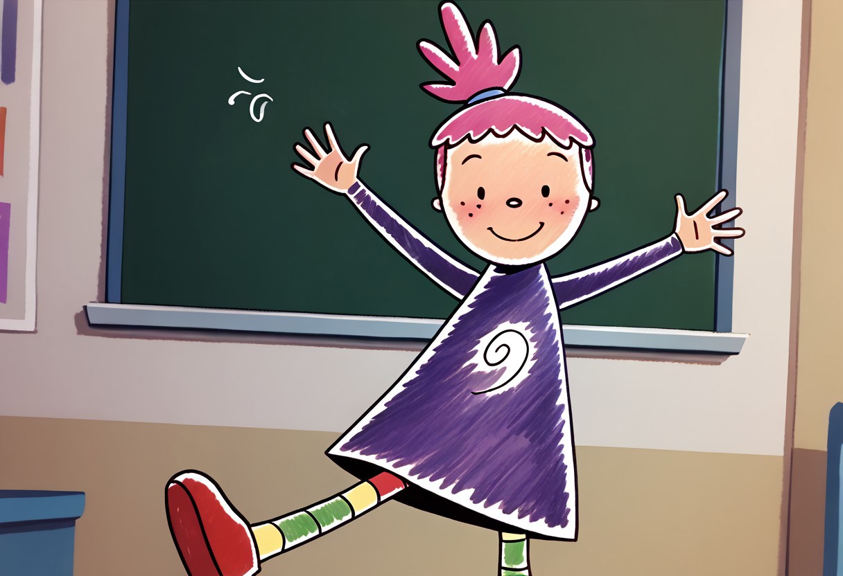 score_9, score_8_up, score_7_up BREAK PinkyDD, 1girl, pink hair, black eyes, freckles, ponytail, long-sleeved purple spiral dress, multicolor stockings, red shoes, drawing on chalkboard, happy, smiling, solo, solo focus,