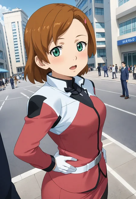 <lora:Hyper-SDXL-8steps-lora:1> <lora:Fixhands_anime_bdsqlsz_V1:1> zPDXL2, score_9, score_8_up, score_7_up, source_anime, intricate details, perfect anatomy BREAK
outdoors, city, tokyo, japan, audience, crowd, looking at viewer, upper body,  hand on own hip,  perspective ,pointing at viewer, dynamic angle , from side , Neutral, A relaxed facial expression with a slightly open mouth., 1girl, solo, solo focus, 
<lora:GAGE-romary_stone_XL(pony)v10:1> gage-romary, brown hair, hair ornament, green eyes, gage-romary outfit, red dress, white gloves, red skirt, black pantyhose, white boots,