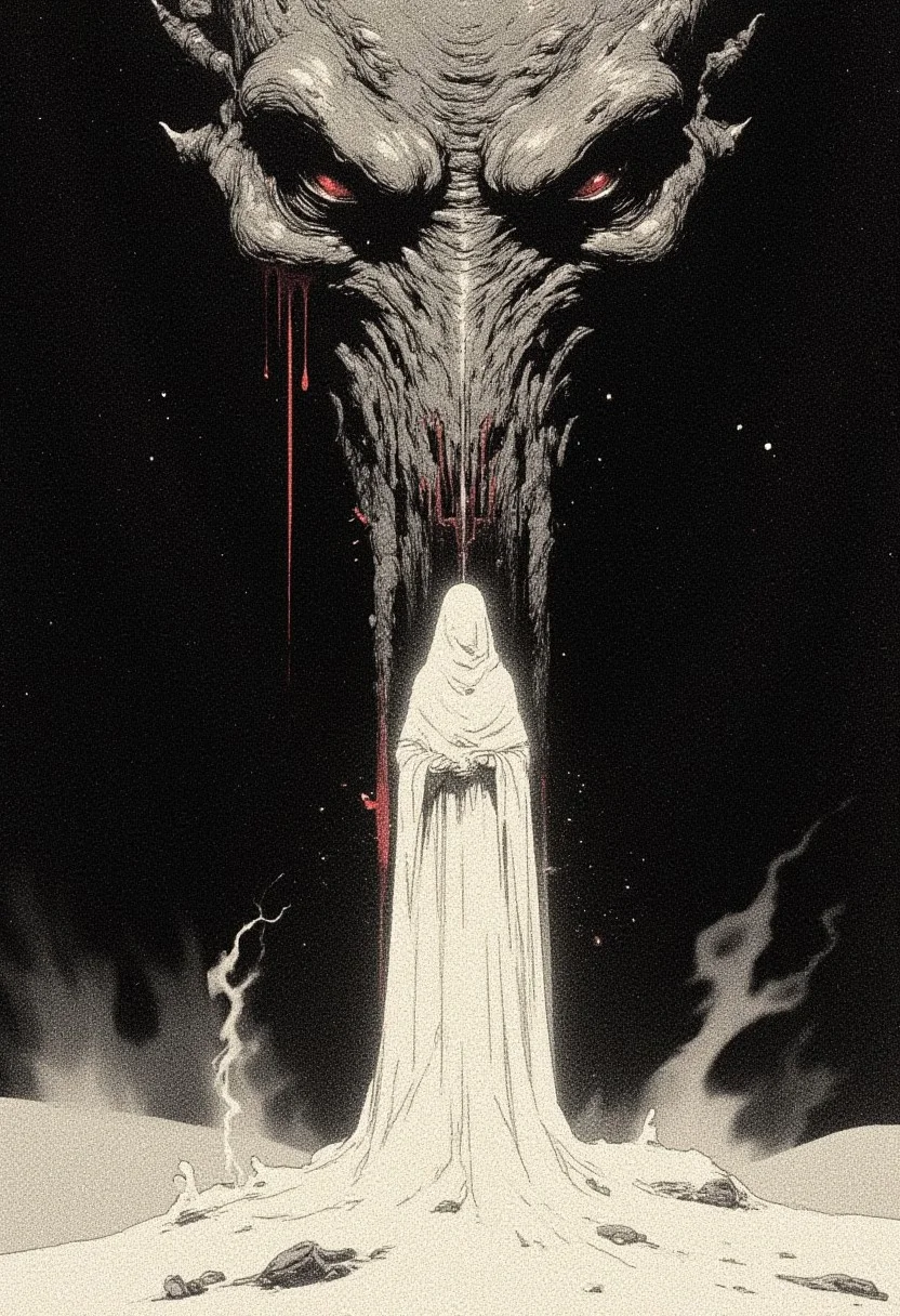 A dark surrealist long-shot illustration inspired by the haunting style of Hieronymus Bosch, showing a woman in a white, flowing robe standing on a flat, white sand landscape. Her robe trails dramatically, its ends floating as if lifted by an invisible force. Subtle, ghostly smoke lingers just above the sand, adding to the eerie atmosphere. Behind her, a pitch-black background reveals only the massive eye of a mythical beast, its gaze unblinking and ominous. The eye, drawn in monochrome, has a single drop of red blood slowly dripping from its left side, creating a stark contrast in the darkness. The scene combines medieval themes and surrealism, with intricate details to bring out the woman’s isolation and the strange, powerful presence of the hidden creature. (drkfnts style, grng3, DNdGr41nyB0yz style )