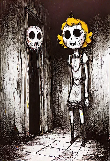 zPDXL3, Expressiveh, score_9, score_8_up, score_7_up, score_6_up, score_5_up, BREAK, 1girl, solo, Amy, robot, nandroid, Blonde Hair, Curly Hair, Maid Headpiece, wearing hockey mask, wearing Jason Voorhees mask, jasonvs, pt3jasonvoorhees, horror themed, evil looking,
