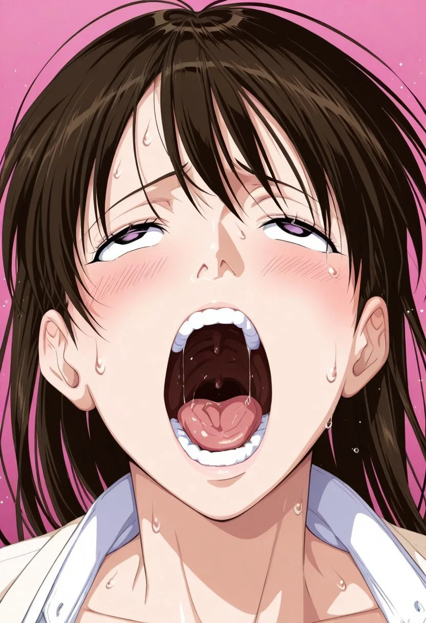 score_9, score_8_up, score_7_up, source_anime,(extremely detailed CG), (best quality),
1girl, solo, open mouth, brown hair, ahegao, sweat, uvula, tongue, blush, implied sex, long hair, teeth, saliva, pink background, karen, ahegao