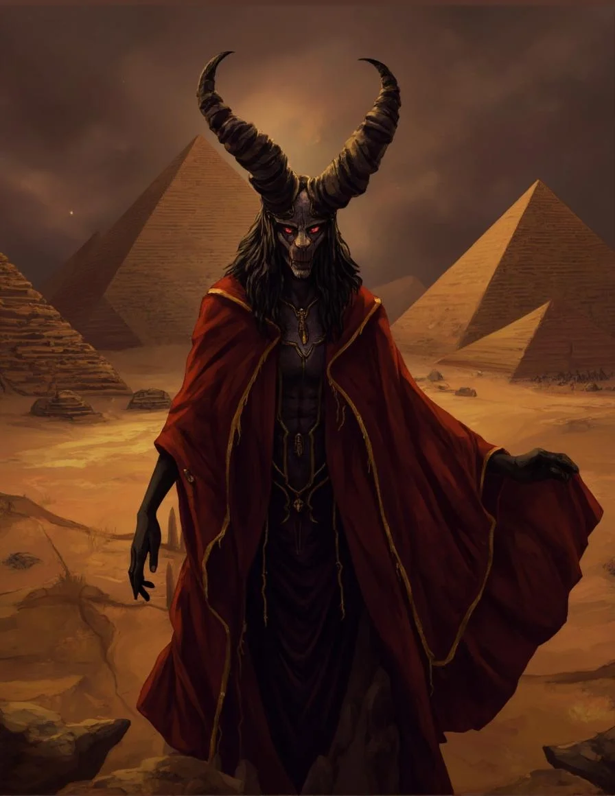 <lora:ck-LttleGhost-000011.safetensors:1> in the style of ck-lttlegh0stA dark and foreboding figure in a crimson robe with gold accents, adorned with a twisted headdress featuring curved horns, stands before the ominous backdrop of the Pyramids of Giza. The image exudes an air of malevolent intensity, as if the very gods have forsaken this cursed land.