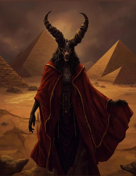 <lora:ck-LttleGhost-000011.safetensors:1> in the style of ck-lttlegh0stA dark and foreboding figure in a crimson robe with gold accents, adorned with a twisted headdress featuring curved horns, stands before the ominous backdrop of the Pyramids of Giza. The image exudes an air of malevolent intensity, as if the very gods have forsaken this cursed land.