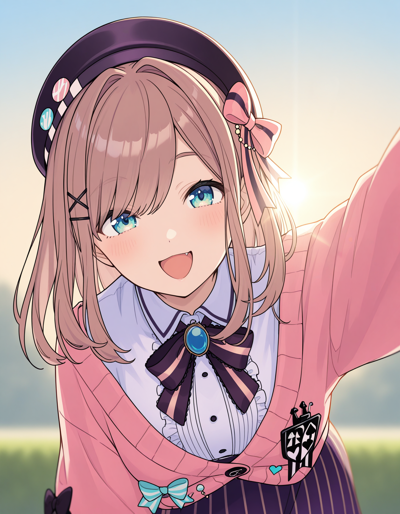 solo, suzuhara lulu, nijisanji,  leaning forward, waving, upper body, backlighting, lens flare, depth of field, blurry background, perspective, straight-on,   masterpiece, best quality, newest, very awa, <lora:T_nari_ilxl_v3:0.9> t_n,