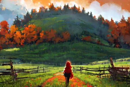(otherworldly), highly insanely detailed, masterpiece, top quality, best quality, highres, 4k, 8k, RAW photo, (very aesthetic, beautiful and aesthetic), farm, fields, barn, fence, fantfa, <lora:FantasyFarm-10:1>,
1girl,
(red hair ),
(pure orange background,transparent background),âââ