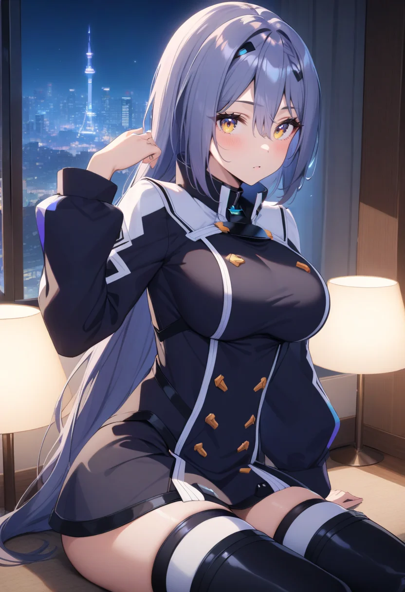 Etra-outfit1,1 girl,expressionless,curvy,backlighting,thigh boots,looking at viewer,shiny skin,
city,night,shadow,indoor,dark,lamp,skyline,modern room,floor to ceiling windows,
sitting,close-up,<lora:EtraV3:1>,pose, cinematic light,masterpiece,best quality,very aesthetic,absurdres,incredibly absurdres,<lora:add_detail:1>,