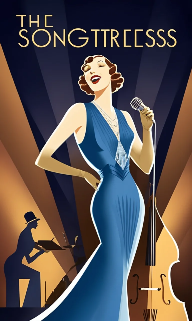 classic jazz singer wearing blue dress on stage, Text:" The Songstress", <lora:artdecopostsdxl:0.8>, art deco style poster, 1940s, vibrant color,