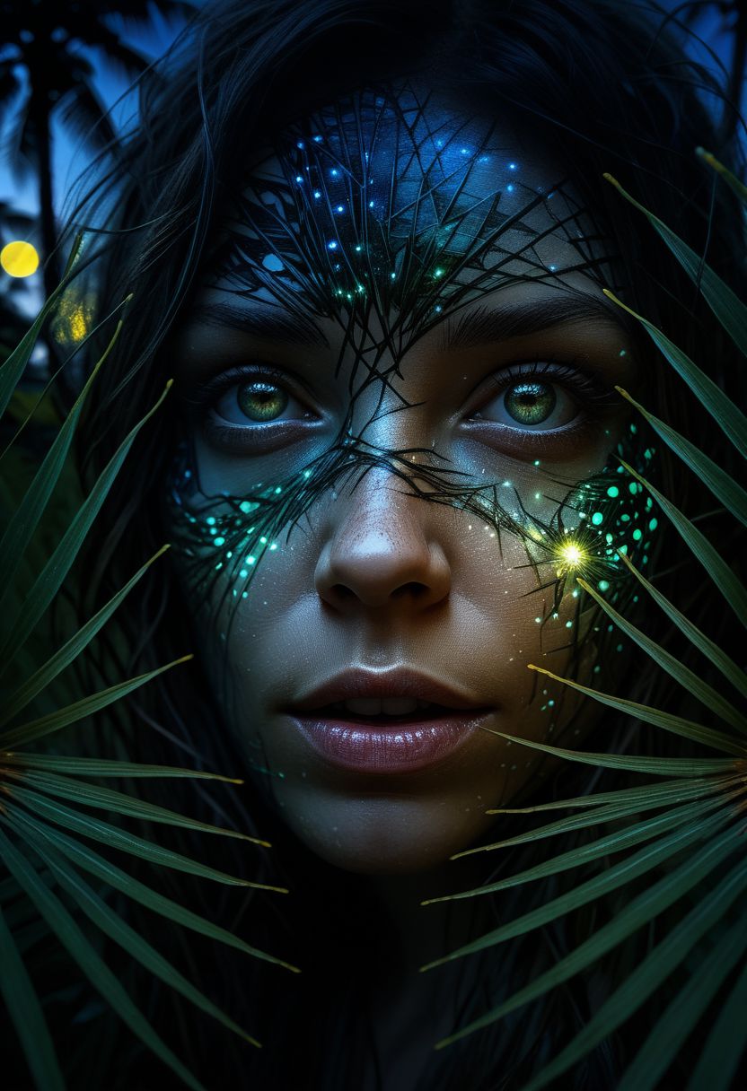 close-up face, mysterious silhouette of a woman, glowing fireflies illuminating her, night time palm trees, goddess, alluring, by Minjae Lee, Carne Griffiths, Emily Kell, Steve McCurry, Geoffroy Thoorens, Aaron Horkey, Jordan Grimmer, Greg Rutkowski, amazing depth, double exposure, surreal, geometric patterns, intricately detailed, bokeh,  perfect balanced, deep fine borders, artistic photorealism , smooth,  great masterwork by Suiras  <lora:add-detail-xl:2>  <lora:Double_Exposure:0.5>