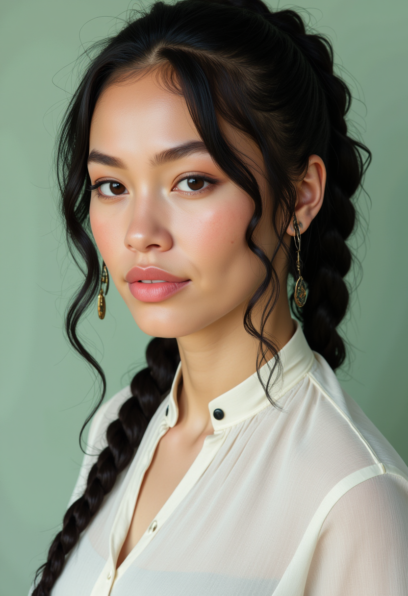 She is approximately 18 years old. Hyperrealism, she is looking at the camera, (dynamic angles), profile headshots of a beautiful, stunning unique female character.  she has dark hair,long hair, braid. her eyes are filled with joy and excitement, extravagant eyelashes. a photo of BGv2, she is wearing a white frilly shirt. The woman is posing confidently. simple sage green colored background. She has a slight smile on her face and is looking directly at the camera. making this image a masterpiece of photography and digital art. realistic. making this image a masterpiece of photography and digital art. Style: realistic hyper-detailed rendering, 32k UHD, expressive eyes, punk, graphic design, girl's face, pretty and cute, gleaming lips, telling a tale of adventure. Exuding confidence and serenity. The overall mood of the image is happy and relaxed,detailed skin texture,(blush:0.2),(goosebumps:0.3),subsurface scattering,whimsical,Detailed hand, Perfect hand. Perfection style.