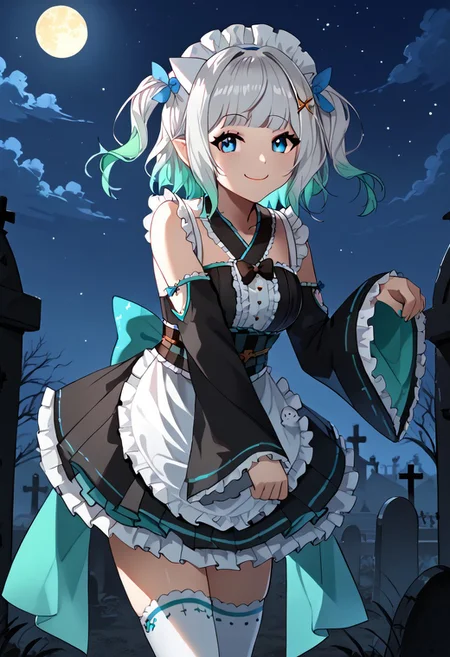 1girl, solo, highres, mint fantome \(frilly\), white hair, gradient hair, blue eyes, maid headdress, cross hair ornament, two side up, wa maid, black kimono, maid apron, checkered sash, frills, white thighhighs, maid headdress, sleeves past fingers, sleeves past wrists,
leaning forward, smug,
graveyard, moon, moonlight, starry sky, night sky, backlighting,