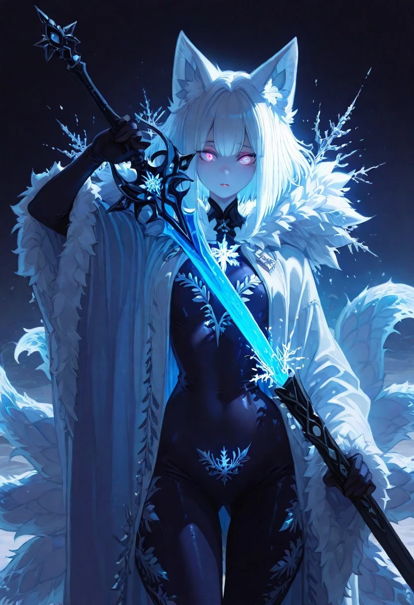 masterpiece, best quality, good quality, newest, highres, absurdres, volumetric lighting, uncensored,
BREAK
raytracing, volumetric lighting, ambient occlusion, girl, background, masterpiece, best quality, very awa, absurdres, model style, stylist,
BREAK
Youko, animal ears, many tails,
BREAK
(glow in the dark),soft lighting, (dramatic light, strong lighting:1.2),
1girl,solo,c owboy shot, simple background, dark background, unsheathing, sword, holding, looking at viewer, half close-up,
A solemn young woman wrapped in a heavy, dark, fur-trimmed cloak stands in the impenetrable darkness of a frozen forest at night.
She slowly draws a crystalline longsword.
The blade is coated in intricate frost patterns that emit a cold, soft, pale-cyan light.
Tiny, glowing snowflakes drift lazily from the sword, and a visible cold mist emanates from the blade and her breath, catching the faint light.
Still, cold, ethereal atmosphere.