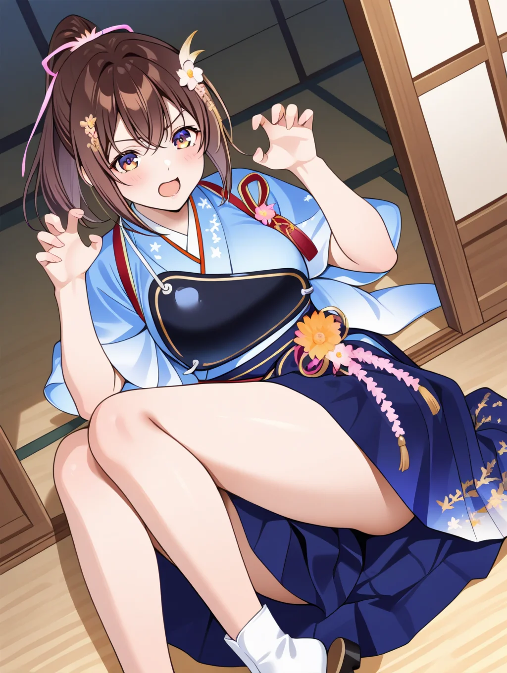 perfect quality,best quality,absolutely eye-catching,ambient occlusion,raytracing BREAK
1girl,<lora:houkyuu IL v1.1:1>,houkyuu,brown hair,ponytail,hair ornament,blue japanese clothes,blue print hakama,wide sleeves,muneate,flower,wide sleeves,solo,zouri,tabi,, dutch angle,bust,lying,claw_pose,curvy,knees_together_feet_apart,
