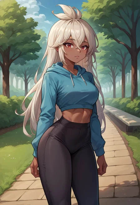 score_9, score_8_up, source_anime, 1girl, solo, Zooey, dark skin, long hair, ahoge, outdoors, park, blue hoodie, high-waist pants, yoga pants, black pants, light blush, <lora:ChamZooeyGBPonyXL:1>