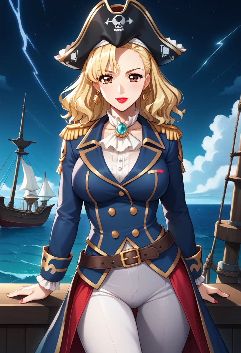 score_9, score_8_up, score_7_up, BREAK 1girl,mako,brown eyes,blonde hair,long hair,wavy hair,mature female,large breasts,night,moonlight,lipstick,tricorn hat,pirate outfit,ship,storm,thunder,smiling,<lora:Makodouk:1>, (<lora:StS_PonyXL_Detail_Slider_v1.4_iteration_3:1>:0.3)