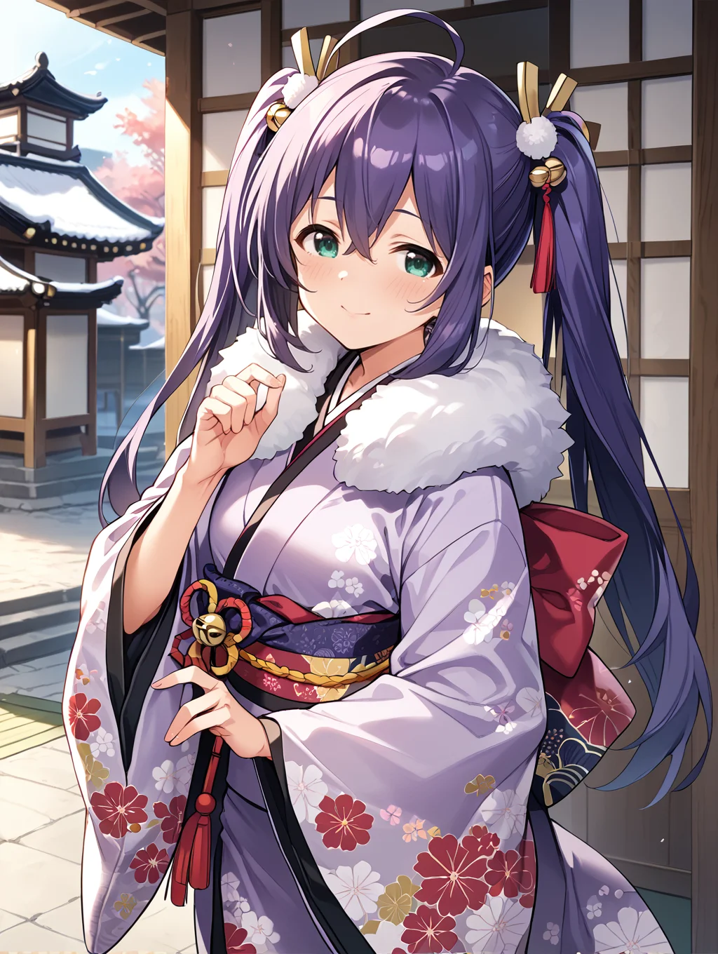 score_9,score_8_up,score_7_up,
official art,official style,game cg,megami magazine,
uncensored,
1girl,solo,
mochizuki anna,purple hair,green eyes,ahoge,long hair,twintails,
japanese clothes,obi,obijime,obiage,kimono,fur-trimmed kimono,fur trim,wide sleeves,
<lora:idolmaster_mochizuki_anna_pony_v1.1-000006:1>,