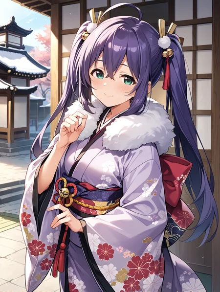 score_9,score_8_up,score_7_up,
official art,official style,game cg,megami magazine,
uncensored,
1girl,solo,
mochizuki anna,purple hair,green eyes,ahoge,long hair,twintails,
japanese clothes,obi,obijime,obiage,kimono,fur-trimmed kimono,fur trim,wide sleeves,
<lora:idolmaster_mochizuki_anna_pony_v1.1-000006:1>,