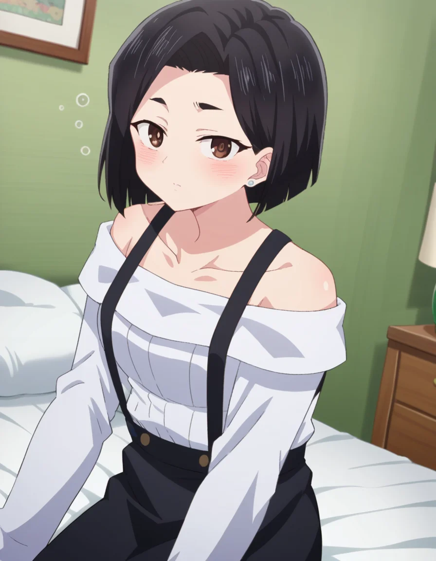 score_9, score_8_up, score_7_up, source_anime,
sanaeyamada, <lora:sanae-yamada-s2-ponyxl-lora-nochekaiser:1>,
sanae yamada, short hair, black hair, brown eyes,
skirt, shirt, long sleeves, bare shoulders, jewelry, collarbone, white shirt, earrings, black skirt, off shoulder, suspenders, off-shoulder shirt, suspender skirt,
indoors, bed, bed room, on side, blush, drunk,
looking at viewer, cowboy shot, dutch angle, solo,