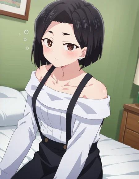 score_9, score_8_up, score_7_up, source_anime,
sanaeyamada, <lora:sanae-yamada-s2-ponyxl-lora-nochekaiser:1>,
sanae yamada, short hair, black hair, brown eyes,
skirt, shirt, long sleeves, bare shoulders, jewelry, collarbone, white shirt, earrings, black skirt, off shoulder, suspenders, off-shoulder shirt, suspender skirt,
indoors, bed, bed room, on side, blush, drunk,
looking at viewer, cowboy shot, dutch angle, solo,