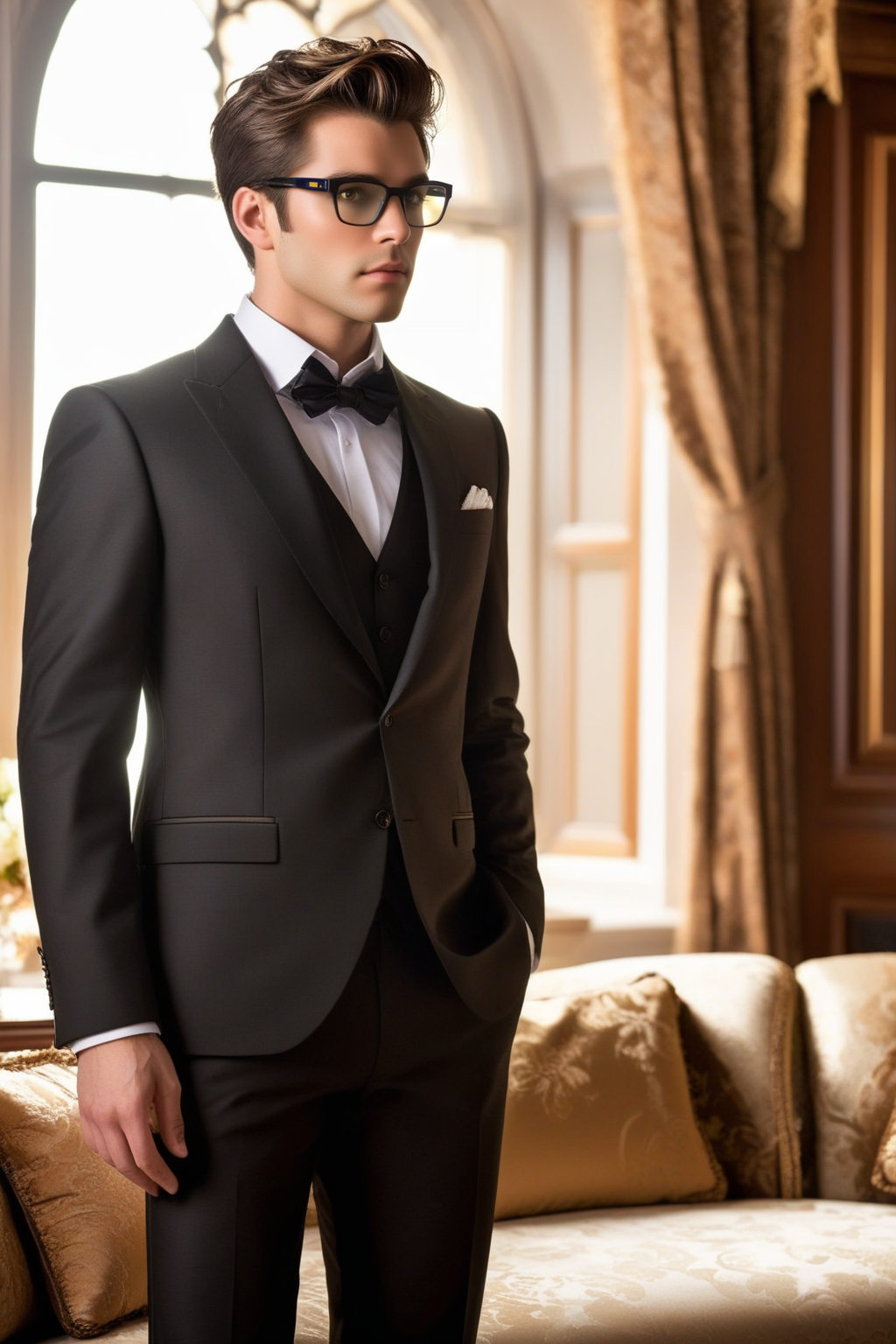 Dreamscape  male, brown hair, brown eyes, glasses, clothes in black suit, sitting on the sofa, room cabinet interior  <lora:Rouz XL:0.7> rouz . Surreal, ethereal, dreamy, mysterious, fantasy, highly detailed