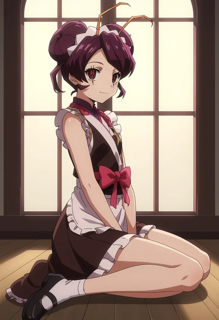 score_9, score_8_up, score_7_up, source_anime, 2d, Entoma Vasilissa Zeta, 1girl, burgundy hair, short hair, twin buns, insect antennae, porcelain face, red-black eyes, black eyes scars, very small breasts, chinese dress, maid hairband, anime coloring, anime screencap, detailed eyes, zPDXL, perfect faces, uncensored, rating_explicit, <lora:entoma_vasilissa_zeta_0-000045:0.8>, sitting on ground, legs together, straight legs, legs on ground, from side, looking at viewer,