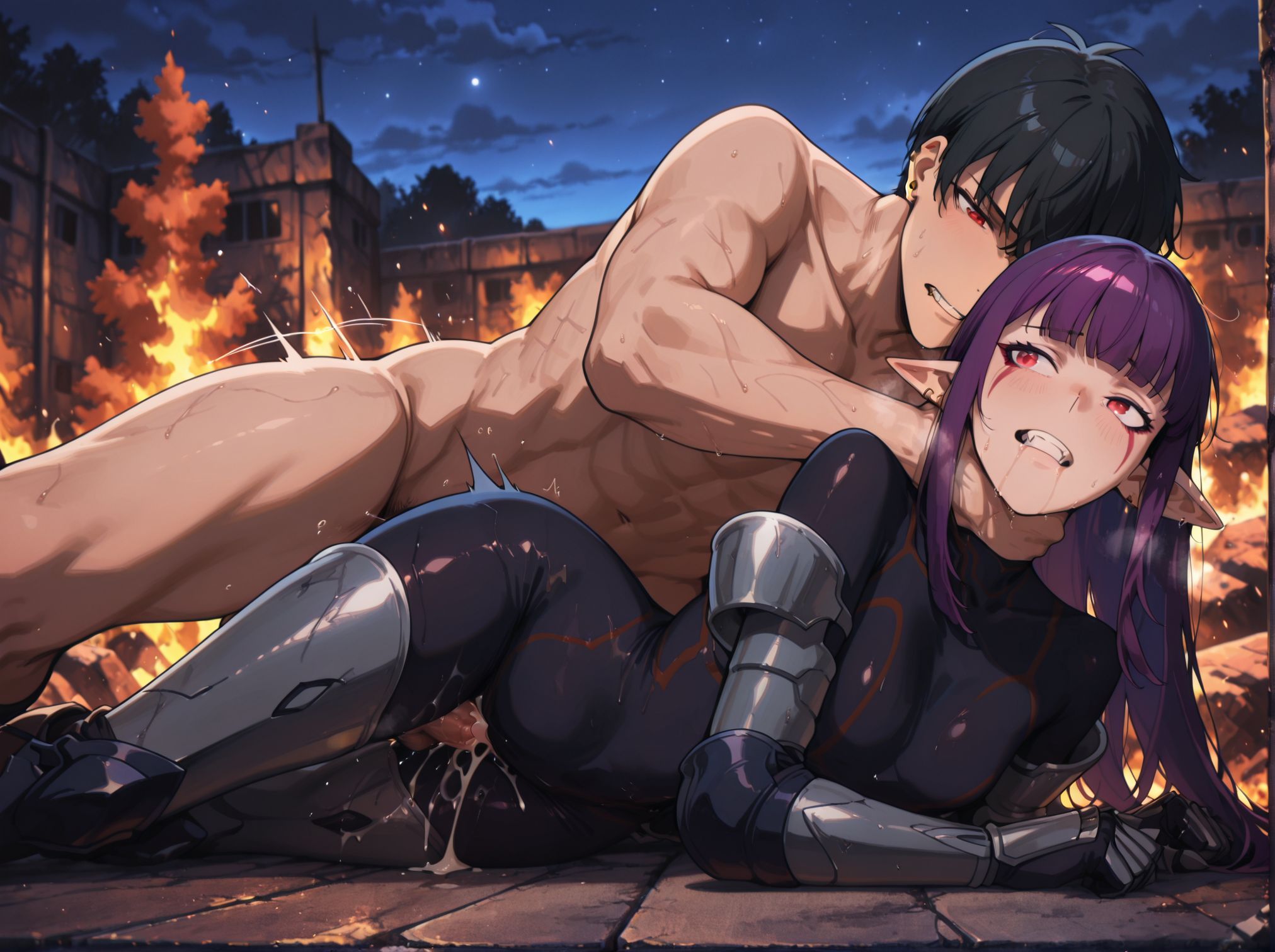 masterpiece, absurdres,amazing quality, best quality, detailed background, 8k, 
<lora:Choke_Hold_r1:0.8>Choke_HoldV1,
1girl, 1boy, hetero, sex,penis,
breasts,spooning,
one hand on neck,sex from behind,
choke,strangling,asphyxiation,
BREAK
<lora:Esil:0.8>esil3, pointy ears, purple hair, red eyes, long hair, teeth, jewelry, earrings, facial mark, sidelocks, bangs, fangs,bodysuit, blunt bangs, gauntlets, armored legwear,ear piercing, 
night, night sky, outdoors, 
 fire,
BREAK
black hair male,