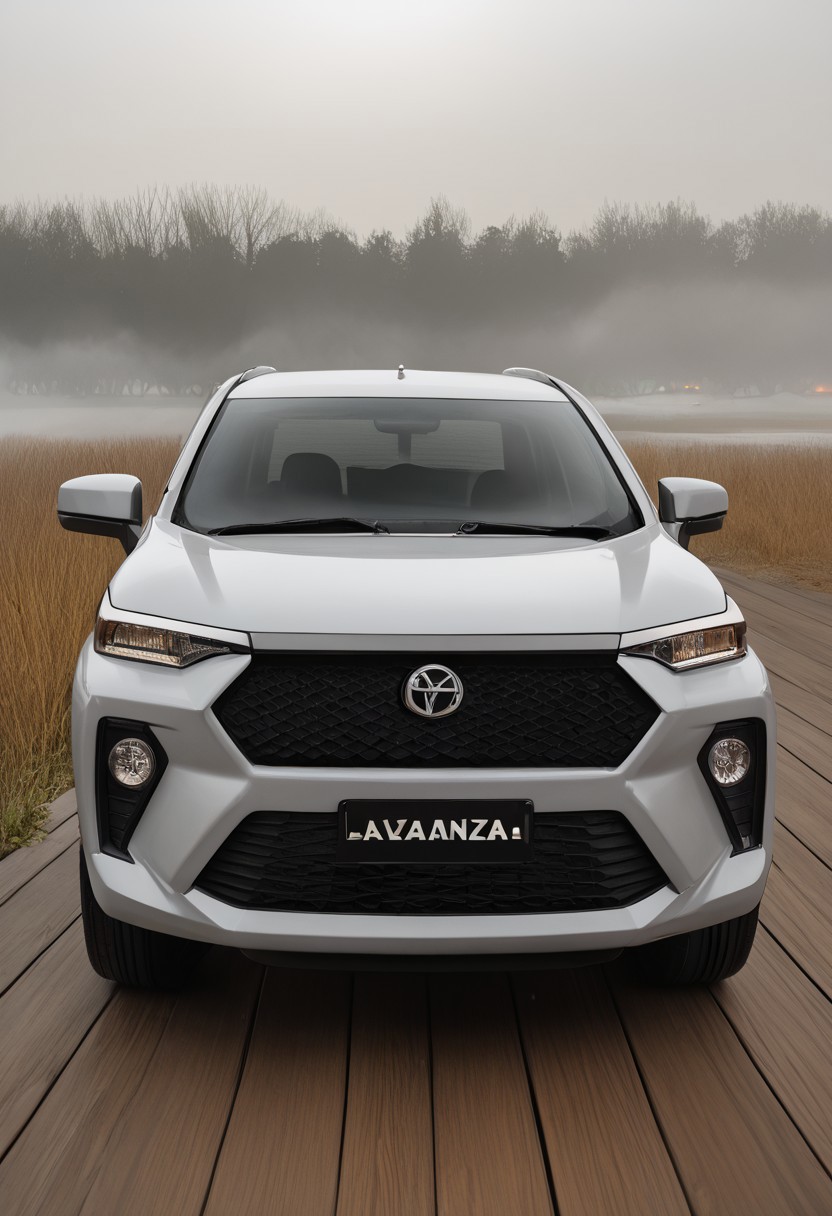 high resolution, best quality, Car, Daihatsu Xenia, Foggy morning, lakeside, wooden dock,
